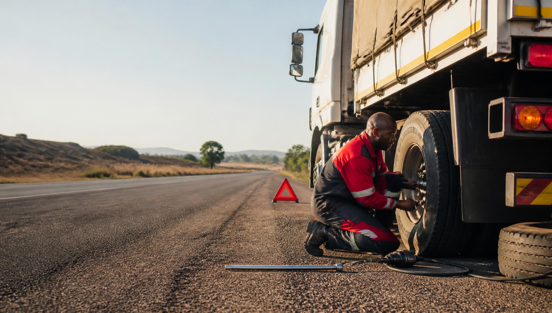 Tyre technician assisting a heavy-duty truck at the roadside