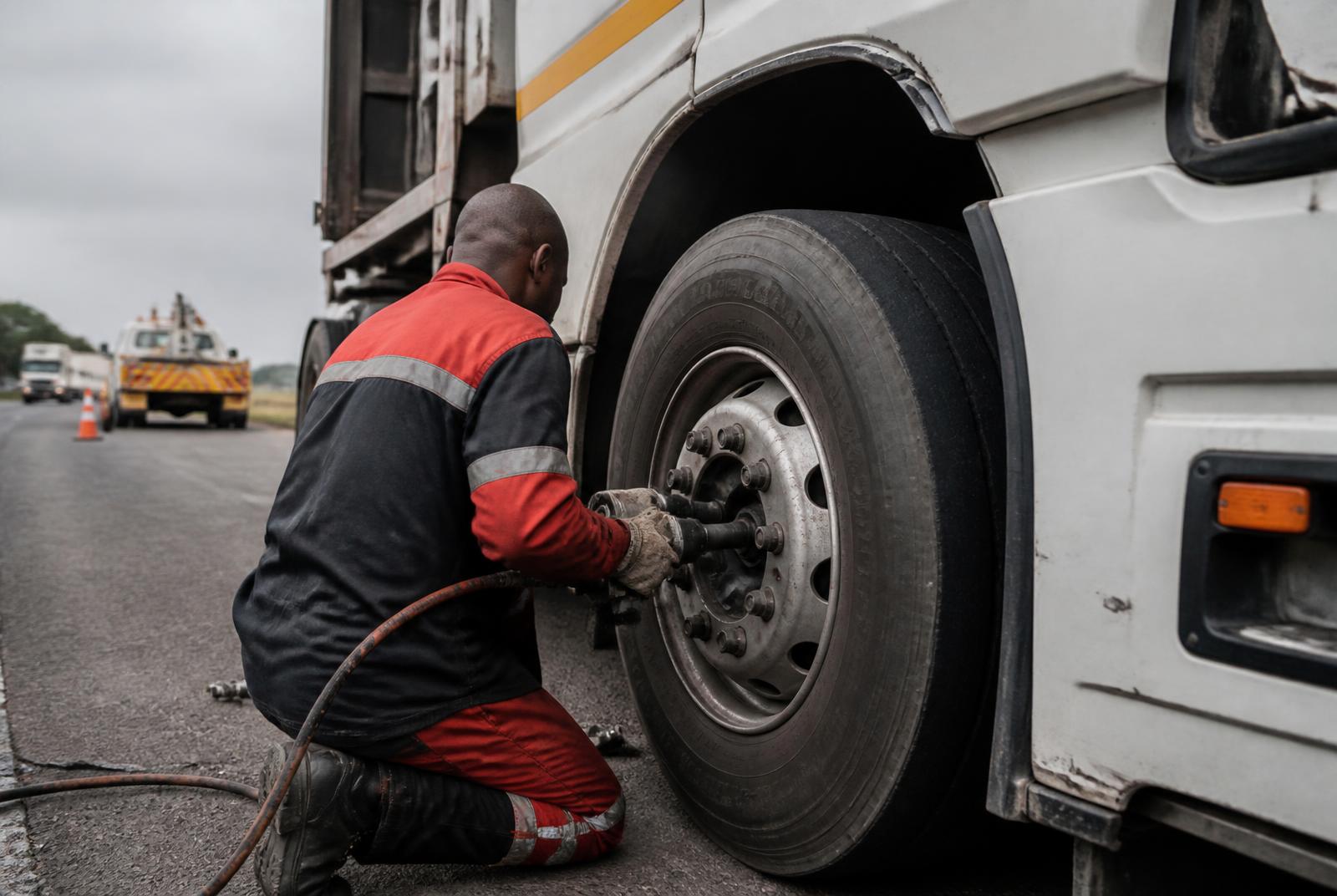 Technician fitting a heavy-duty truck tyre on the roadside